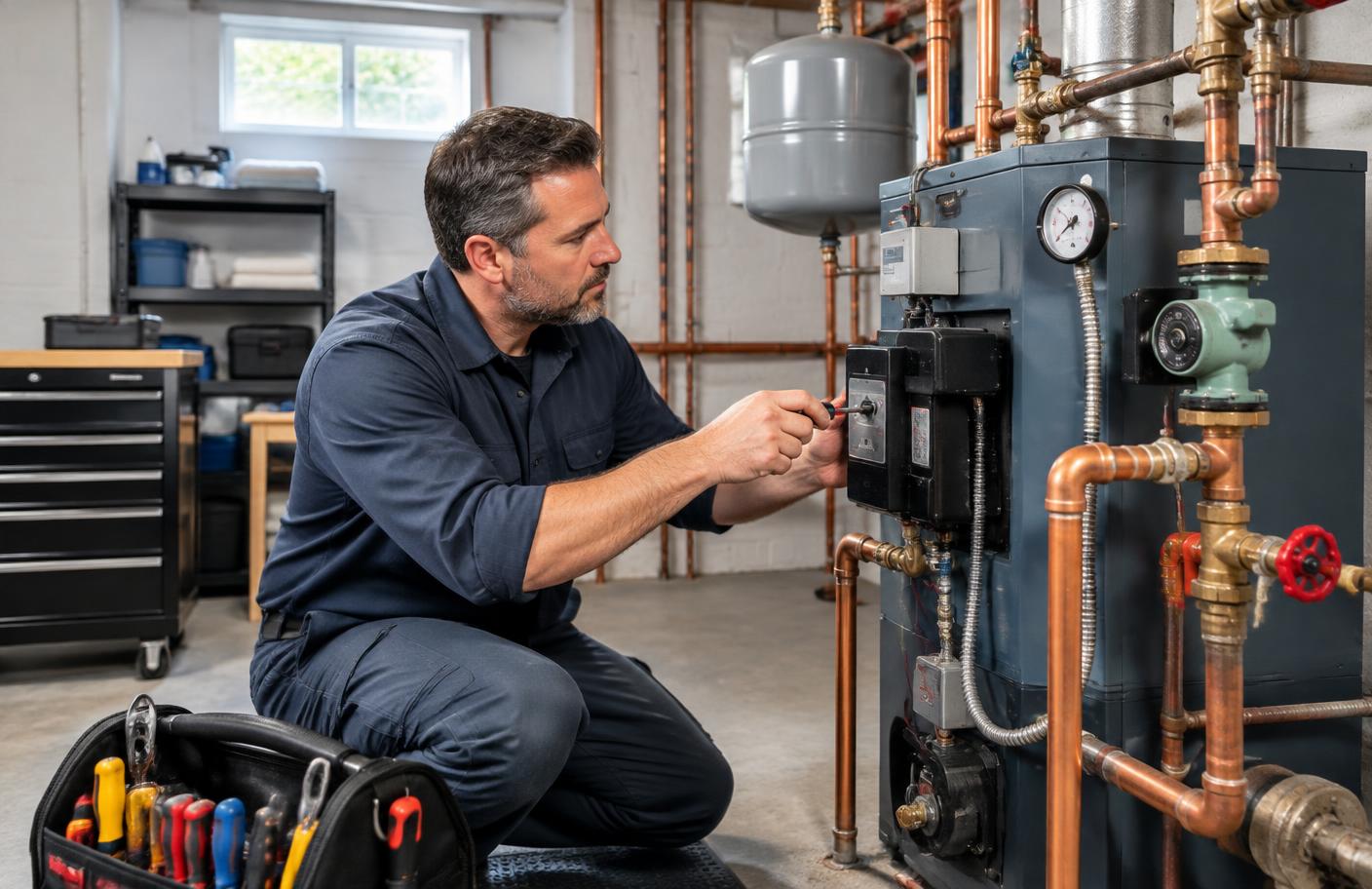 Plumber servicing a residential hot-water boiler